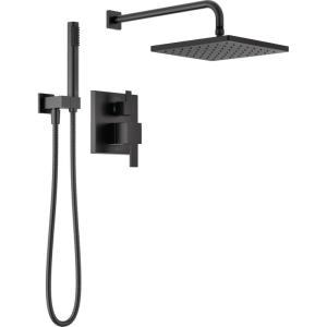 imageDelta Faucet Modern Raincan 2Setting Square Shower System Including Rain Shower Head and Handheld Spray Gold Rainfall Shower System Gold Shower Valve and Trim Kit Champagne Bronze 342701CZMatte Black