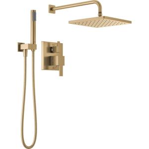 imageDelta Faucet Modern Raincan 2Setting Square Shower System Including Rain Shower Head and Handheld Spray Gold Rainfall Shower System Gold Shower Valve and Trim Kit Champagne Bronze 342701CZChampagne Bronze