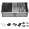 imageDELTA FAUCET Rivet 33Inch Workstation Kitchen Sink Undermount 16 Gauge Stainless Steel 5050 Double Bowl with WorkFlow Ledge and Chefs Kit of 9 Accessories 95B93133DSS