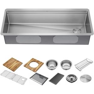 imageDELTA FAUCET 95A93225SSS Lorelai Workstation Kitchen Sink Dropin Top Mount Stainless Steel Single Bowl with WorkFlow Ledge and Chefs Kit of 5 Accessories45in