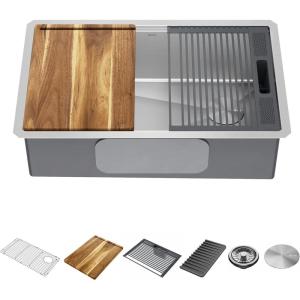 imageDELTA FAUCET 95A93225SSS Lorelai Workstation Kitchen Sink Dropin Top Mount Stainless Steel Single Bowl with WorkFlow Ledge and Chefs Kit of 5 Accessories30in