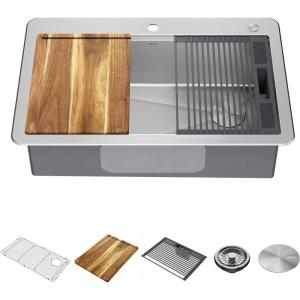 imageDELTA FAUCET 95A93225SSS Lorelai Workstation Kitchen Sink Dropin Top Mount Stainless Steel Single Bowl with WorkFlow Ledge and Chefs Kit of 5 Accessories33in