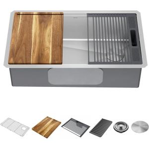 imageDELTA FAUCET 95A93225SSS Lorelai Workstation Kitchen Sink Dropin Top Mount Stainless Steel Single Bowl with WorkFlow Ledge and Chefs Kit of 5 Accessories32in