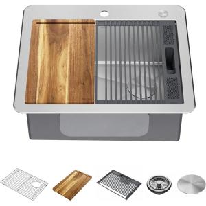imageDELTA FAUCET 95A93225SSS Lorelai Workstation Kitchen Sink Dropin Top Mount Stainless Steel Single Bowl with WorkFlow Ledge and Chefs Kit of 5 Accessories25in