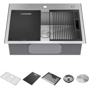 imageDELTA FAUCET DELTA Rivet 33Inch Workstation Kitchen Sink DropIn Top Mount 16 Gauge Stainless Steel Single Bowl with WorkFlow Ledge and Chefs Kit of 5 Accessories 95A93133SSSStainless Steel