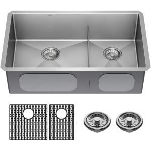 imageDELTA FAUCET Delta Lenta 32inch Undermount 16 Gauge Stainless Steel Double Bowl Kitchen Sink with Accessories 95303432D6SS Satin 32 Inch  Double Bowl