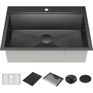 imageDELTA FAUCET Delta Rivet 30 Inch Black Stainless Steel DropIn Top Mount 16 Gauge Workstation Kitchen Sink Single Bowl in PVD Gunmetal Finish with WorkFlow Ledge and Accessories 95A9031T30SGSGunmetal