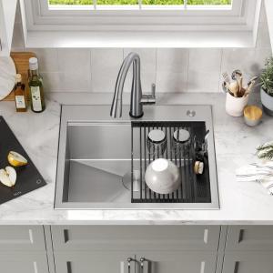 imageDELTA FAUCET Delta Rivet 30 Inch Black Stainless Steel DropIn Top Mount 16 Gauge Workstation Kitchen Sink Single Bowl in PVD Gunmetal Finish with WorkFlow Ledge and Accessories 95A9031T30SGSStainless Steel