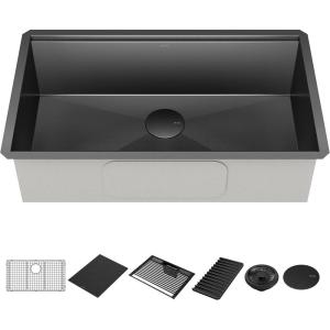 imageDELTA FAUCET Delta Rivet 32 Inch Black Stainless Steel Undermount 16 Gauge Workstation Kitchen Sink Single Bowl in PVD Gunmetal Finish with WorkFlow Ledge and Accessories 95B903132SGS