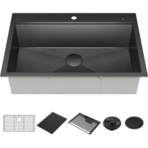 imageDELTA FAUCET Delta Rivet 33 Inch Black Stainless Steel DropIn Top Mount 16 Gauge Workstation Kitchen Sink Single Bowl in PVD Gunmetal Finish with WorkFlow Ledge and Accessories 95A9031T33SGS