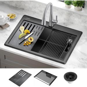 imageDELTA FAUCET Everest 30inch Granite Composite Workstation Kitchen Sink Undermount Single Bowl with WorkFlow Ledge and Accessories in Dark Grey 75B93330SDGBlack