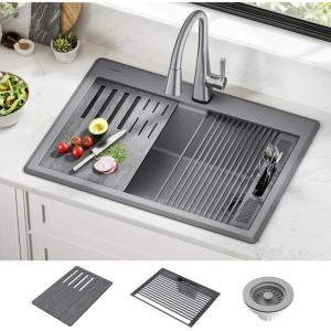 imageDELTA FAUCET Everest 30inch Granite Composite Workstation Kitchen Sink Undermount Single Bowl with WorkFlow Ledge and Accessories in Dark Grey 75B93330SDGDark Grey