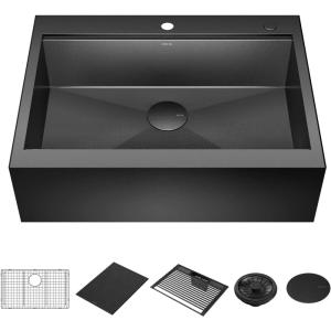 imageDELTA FAUCET Rivet 30 Inch Black Stainless Steel Retrofit Farmhouse Apron Front 16 Gauge Workstation Kitchen SinkPVD Gunmetal Finish w Accessories for Top Mount DropIn Installation95D9031T30SGS