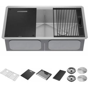 imageDELTA FAUCET Rivet 33Inch Workstation Kitchen Sink Undermount 16 Gauge Stainless Steel 5050 Double Bowl with WorkFlow Ledge and Chefs Kit of 9 Accessories 95B93133DSS