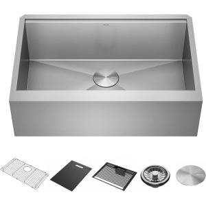 imageDELTA FAUCET Rivet 33inch Workstation Farmhouse Apron Front Kitchen Sink Undermount 16 Gauge Stainless Steel Single Bowl with WorkFlow Ledge and Kit of 5 Accessories 95C903133SSS