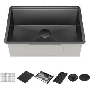 imageDelta Rivet 27 Inch Black Stainless Steel Undermount 16 Gauge Workstation Kitchen Sink Single Bowl in PVD Gunmetal Finish with WorkFlow Ledge and Accessories 95B903127SGS