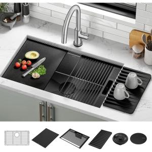 imageDELTA FAUCET Delta Rivet 30 Inch Black Stainless Steel Undermount 16 Gauge Workstation Kitchen Sink Single Bowl in PVD Gunmetal Finish with WorkFlow Ledge and Accessories 95B903130SGS