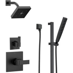 imageDelta Faucet Ara 3Setting Matte Black Shower System Including Black Shower Head Slide Bar Handheld Shower Shower Handle Shower Diverter and Shower Valve Kit Delta Shower Trim Kit Matte Black