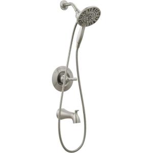 imageDelta Faucet Arvo 14 Series SingleHandle Tub and Shower Trim Kit Shower Faucet with 4Spray In2ition 2in1 Dual Hand Held Shower Head with Hose Matte Black 144840BLI Valve IncludedSpotShield Stainless