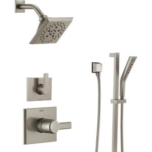 imageDelta Faucet Pivotal 3Setting Brushed Nickel Shower System Including Shower Head Slide Bar Handheld Shower Shower Handle Shower Diverter and Shower Valve Kit Lumicoat Stainless