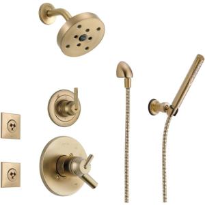 imageDelta Faucet Trinsic 6Setting Gold Shower System Including Gold Shower Head WallMount Handheld Shower Body Sprays Shower Handle Shower Diverter and Shower Valve Kit Champagne Bronze