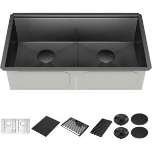 imageDELTA FAUCET Delta Rivet 33 Inch Black Stainless Steel Undermount 16 Gauge Workstation Kitchen Sink Double Bowl in PVD Gunmetal Finish with WorkFlow Ledge and Accessories 95B903133DGS