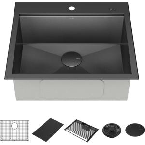 imageRivet 45inch Workstation Kitchen Sink Undermount 16 Gauge Stainless Steel Single Bowl with 2Tier WorkFlow Ledge and Chefs Kit of 11 Accessories 95BA13145SSSGunmetal