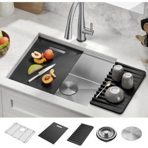 imageRivet 45inch Workstation Kitchen Sink Undermount 16 Gauge Stainless Steel Single Bowl with 2Tier WorkFlow Ledge and Chefs Kit of 11 Accessories 95BA13145SSSStainless Steel