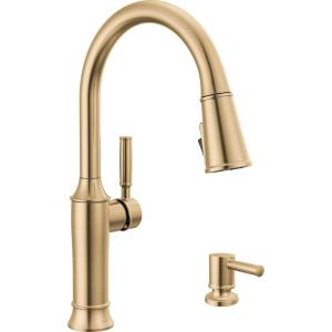 imageDelta Faucet Renaldi Touchless ProClean Kitchen Faucet with Touch Technology and Soap Dispenser in Arctic StainlessChampagne Bronze
