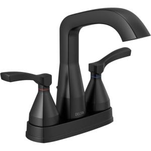 imageDelta Faucet Stryke Matte Black Bathroom Faucet Centerset Bathroom Faucet Diamond Seal Technology Metal Drain Assembly Matte Black 25776BLMPUDSTMatte Black