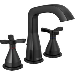 imageDelta Faucet Stryke Widespread Bathroom Faucet 3 Hole Matte Black Bathroom Faucet with Cross Handles Diamond Seal Technology Metal Drain Assembly Matte Black 357766BLMPUDSTMatte Black