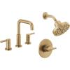 imageDelta Faucet Nicoli 14 Series SingleHandle Shower Faucet Trim Kit with 5Spray H2Okinetic Shower Head and Widespread Bathroom Faucet in BlackGold Shower Valve IncludedChampagne Bronze