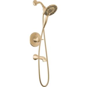 imageDelta Albion 14 Series Brushed Gold Bathtub Shower Faucet Set with In2ition 2in1 Dual Shower Head with Handheld Spray Combo Valve Trim Kit Champagne Bronze T144855CZI Valve Not IncludedChampagne Bronze