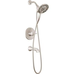 imageDelta Albion 14 Series Brushed Gold Bathtub Shower Faucet Set with In2ition 2in1 Dual Shower Head with Handheld Spray Combo Valve Trim Kit Champagne Bronze T144855CZI Valve Not IncludedSpotshield Brushed Nickel