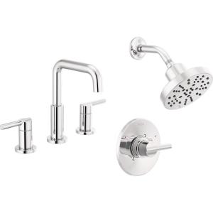 imageDelta Faucet Nicoli 14 Series SingleHandle Shower Faucet Trim Kit with 5Spray H2Okinetic Shower Head and Widespread Bathroom Faucet in BlackGold Shower Valve IncludedChrome