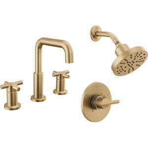 imageDelta Faucet Nicoli 14 Series SingleHandle Shower Faucet Trim Kit with 5Spray H2Okinetic Shower Head and Widespread Bathroom Faucet in BlackGold Shower Valve IncludedChampagne Bronze