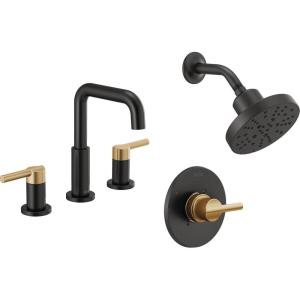 imageDelta Faucet Nicoli 14 Series SingleHandle Shower Faucet Trim Kit with 5Spray H2Okinetic Shower Head and Widespread Bathroom Faucet in BlackGold Shower Valve IncludedMatte Black  Champagne Bronze