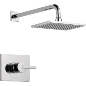 imageDelta Vero 14 Series Rain Shower Faucet Set Brushed Gold Shower Head and Handle Set Valve Trim Kit Champagne Bronze T14253CZWE Valve Not IncludedChrome