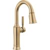 imageDelta Renaldi Brushed Gold Bar Faucet with Pull Down Sprayer Modern Single Hole Prep Sink Faucet Single Handle Lumicoat Champagne Bronze 9984CZPRDST