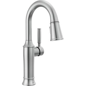 imageDelta Renaldi Brushed Nickel Bar Faucet with Pull Down Sprayer Modern Single Hole Prep Sink Faucet Single Handle Lumicoat Arctic Stainless 9984ARPRDST