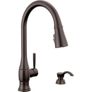 imageDelta Hazelwood Matte Black Kitchen Faucet with Pull Down Sprayer and Soap Dispenser Modern Single Hole Kitchen Sink Faucet Single Handle Matte Black 19831ZBLSDDSTVenetian Bronze