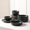 imageStone Lain Lauren Modern Stoneware 32piece Round Dinnerware Set Plates and Bowls Set Dish set for 8 Off WhiteDark Green