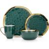 imageStone Lain Modern Poreclain 16 Piece Dinnerware Set Plates and Bowls Set Dish set for 4 White And Golden RimGreen with Gold Rim