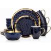 imageStone Lain Modern Poreclain 16 Piece Dinnerware Set Plates and Bowls Set Dish set for 4 White And Golden RimBlue with Gold Rim