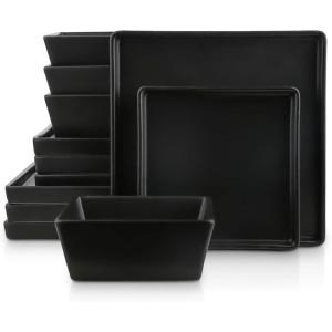 imageStone Lain 24 Pieces Stoneware Square Dinnerware Set Black MatteBlack