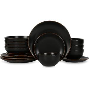 imageStone Lain Brasa Modern Stoneware 32 Piece Dinnerware Sets Plates and bowls Sets Dish Set for 8 GreenBlack