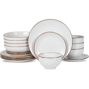 imageStone Lain Brasa Modern Stoneware 32 Piece Dinnerware Sets Plates and bowls Sets Dish Set for 8 GreenWhite