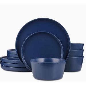 imageStone Lain Celina Modern Stoneware 24Piece Dinnerware Set Dinner and Salad Plates Soup Bowls Dish set for 8 BlueBlue