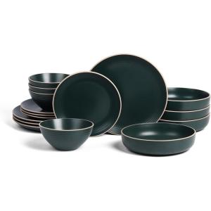 imageStone Lain Lauren Modern Stoneware 32piece Round Dinnerware Set Plates and Bowls Set Dish set for 8 Off WhiteDark Green