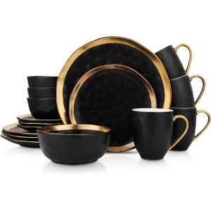 imageStone Lain Modern Poreclain 16 Piece Dinnerware Set Plates and Bowls Set Dish set for 4 White And Golden RimBlack with Gold Rim